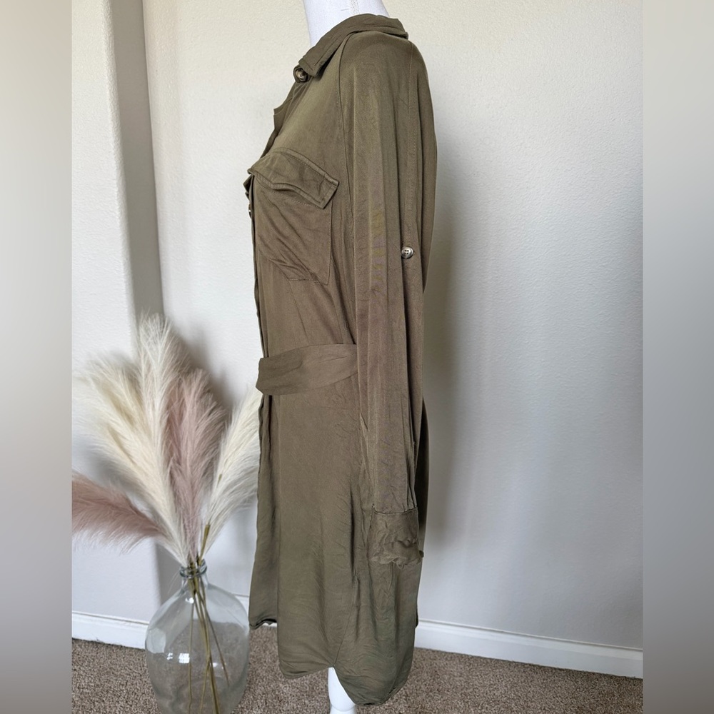 100% Cotton Olive Green Belted Shirt Dress - Picture 6 of 14